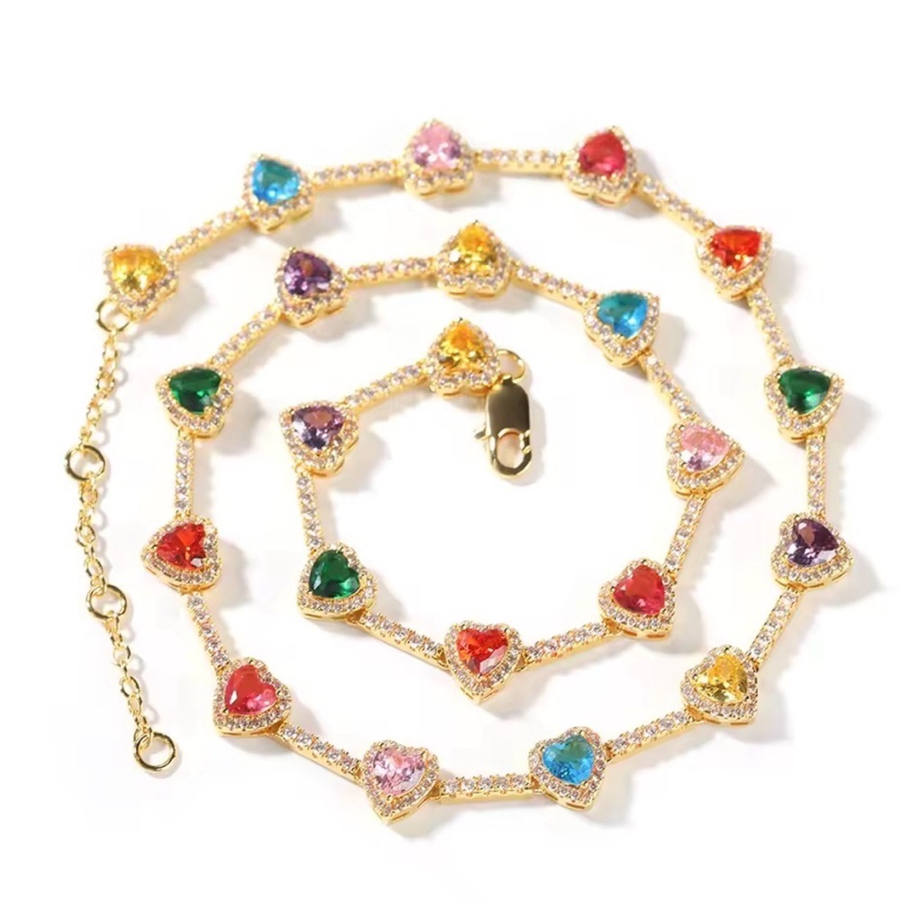 Gold Multi-Color Heart Station Necklace - Women Jewelry